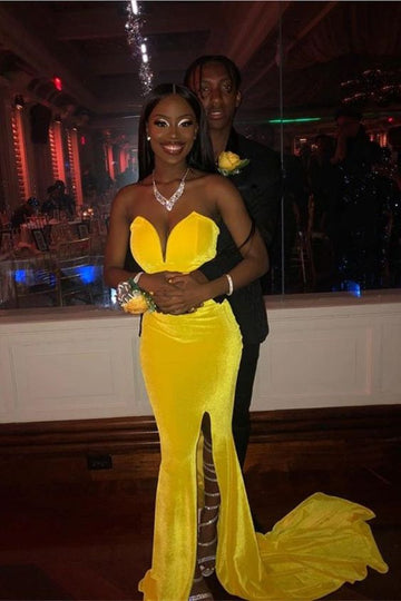 Yellow Prom Gown, Velvet Prom Gown, Side Slit Prom Gown, Long Prom Gown, Cheap Prom Gown, Sweetheart Prom Gown HZ1023